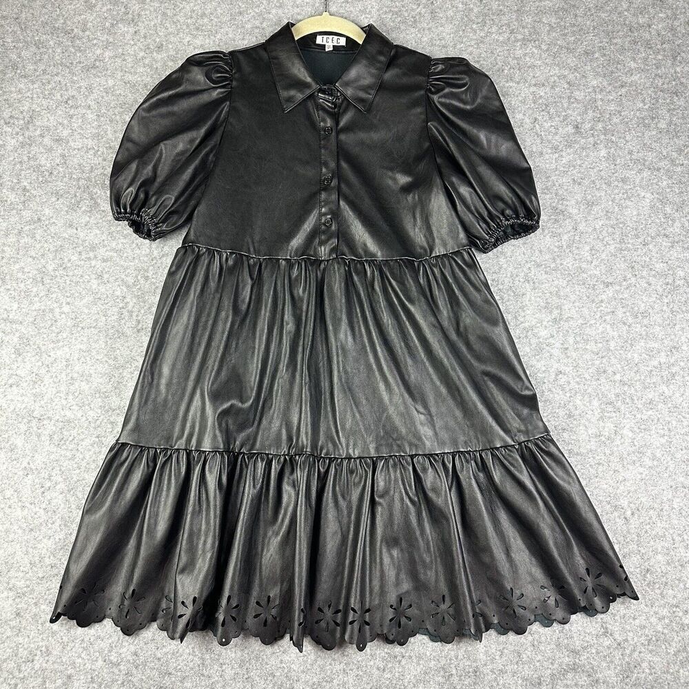 TCEC Mini Babydoll Dress  Womens S Black Faux Leather Puff Sleeve Laser Cut FLAW